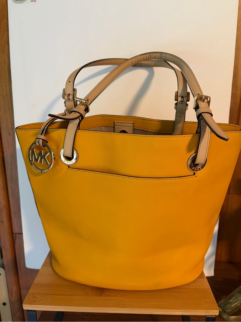 Michael Michael Kors Yellow Tote w. Neutral Tan Handles. Designer Bag Purse!